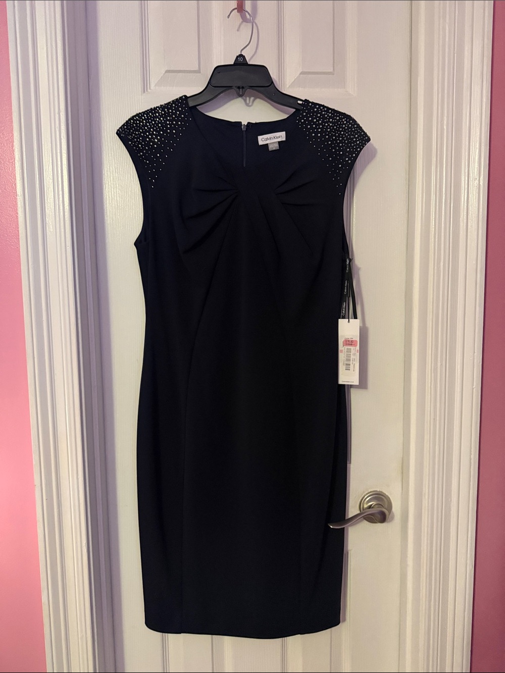 Calvin Klein Black Cap-Sleeve Sheath Dress with Embellished Shoulders